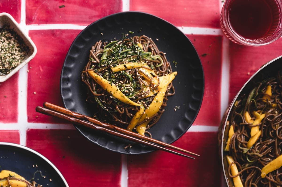 Soba Noodles with mango and Cucumber in a plate