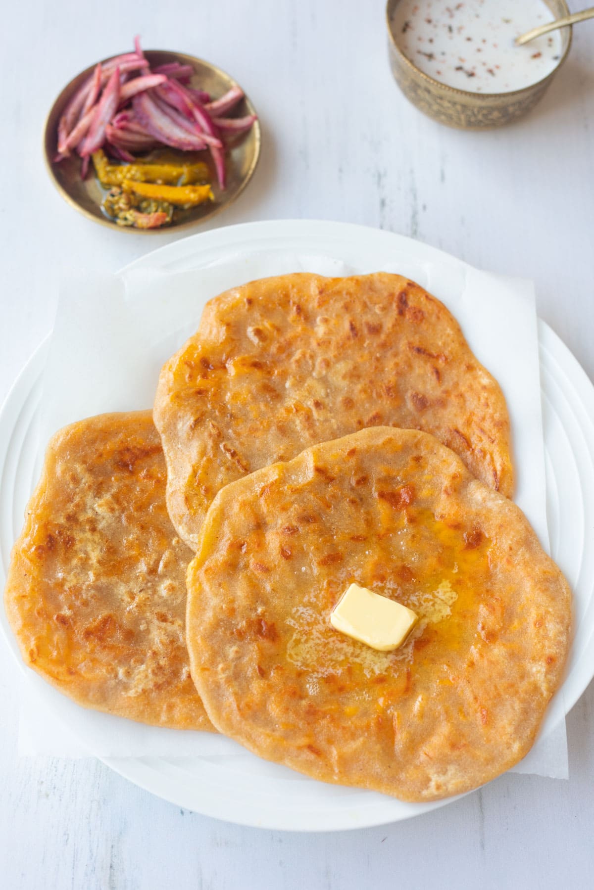 Cheese paratha with achar on the side