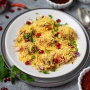 Sev puri chaat in a plate