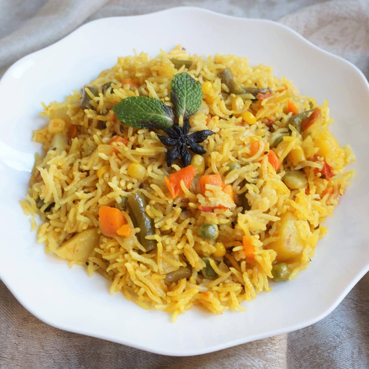 Veg Pulao in a white plate