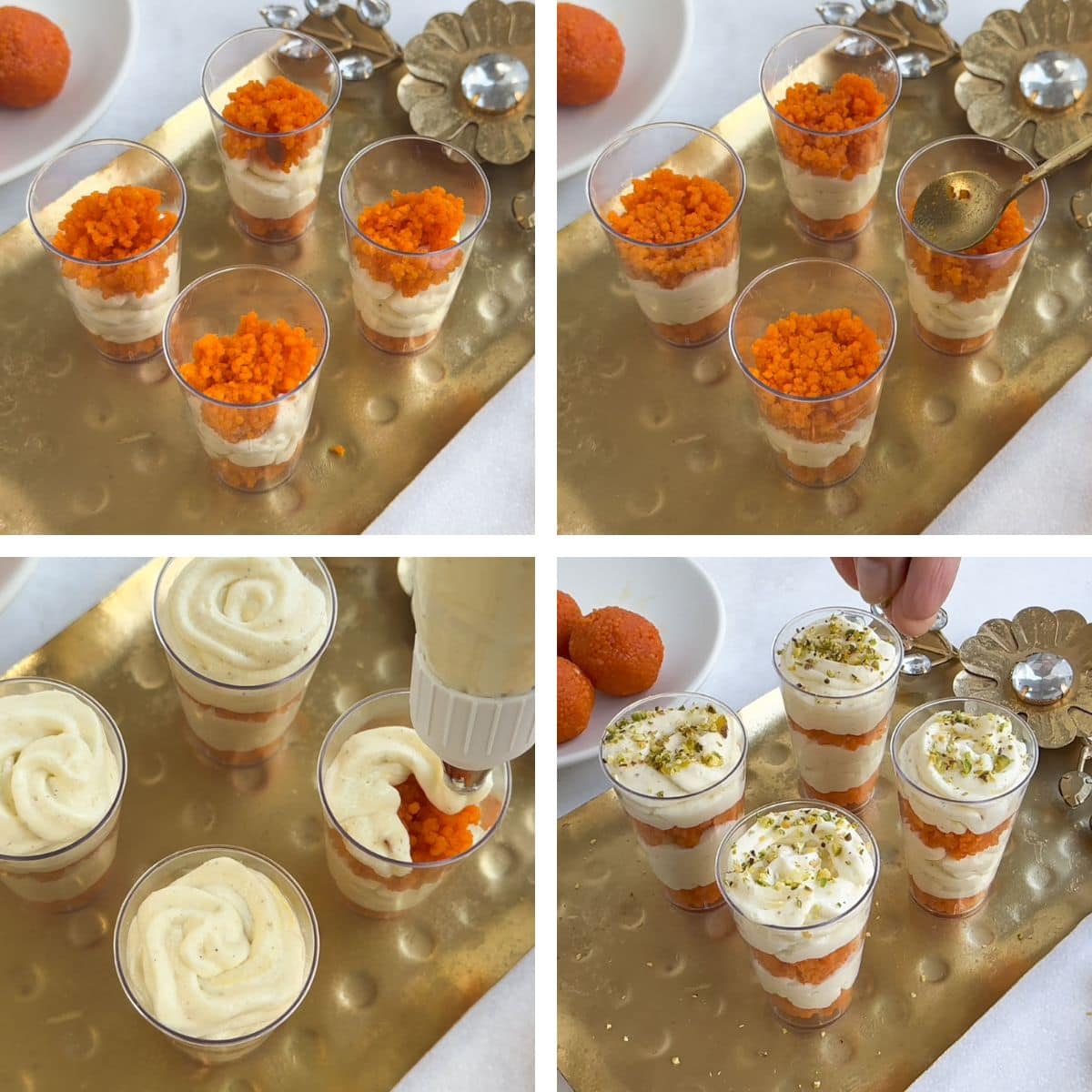 Assembling Ladoo cheesecake in a cup