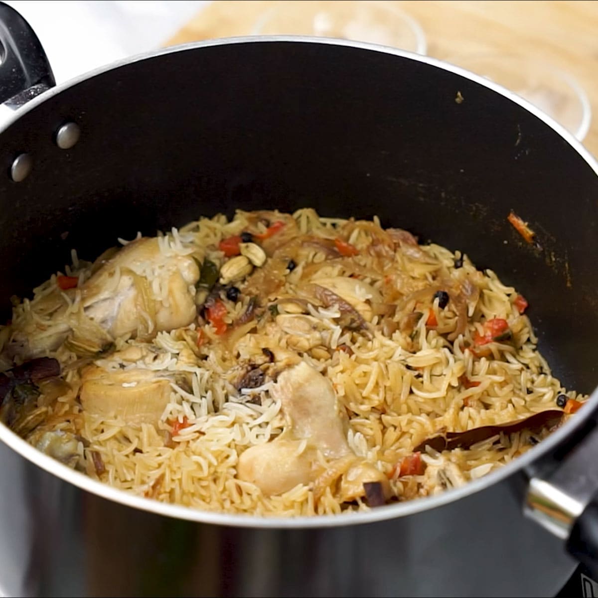 Cooked Pulao in a black non stick pan
