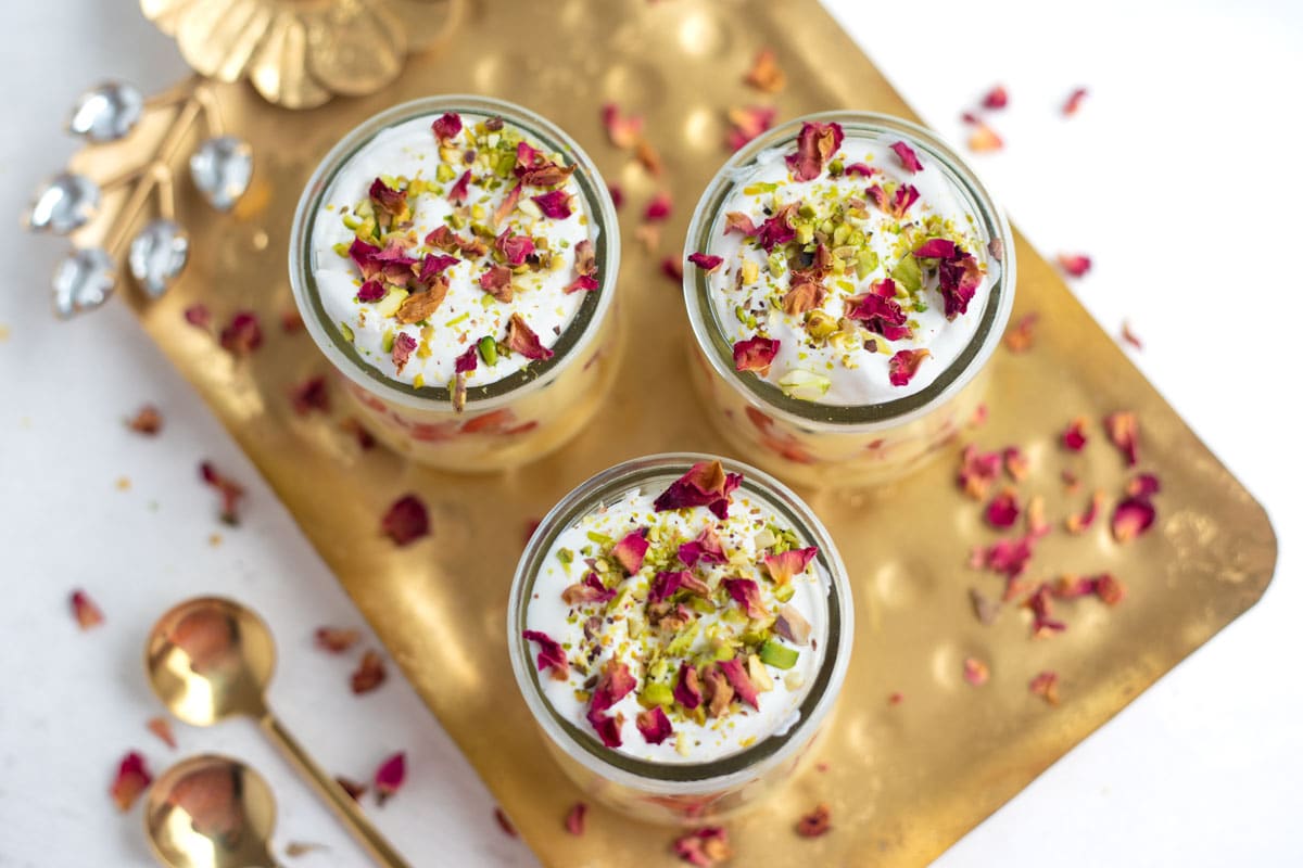 Custard Trifle Cups For Parties served on a pretty golden tray.