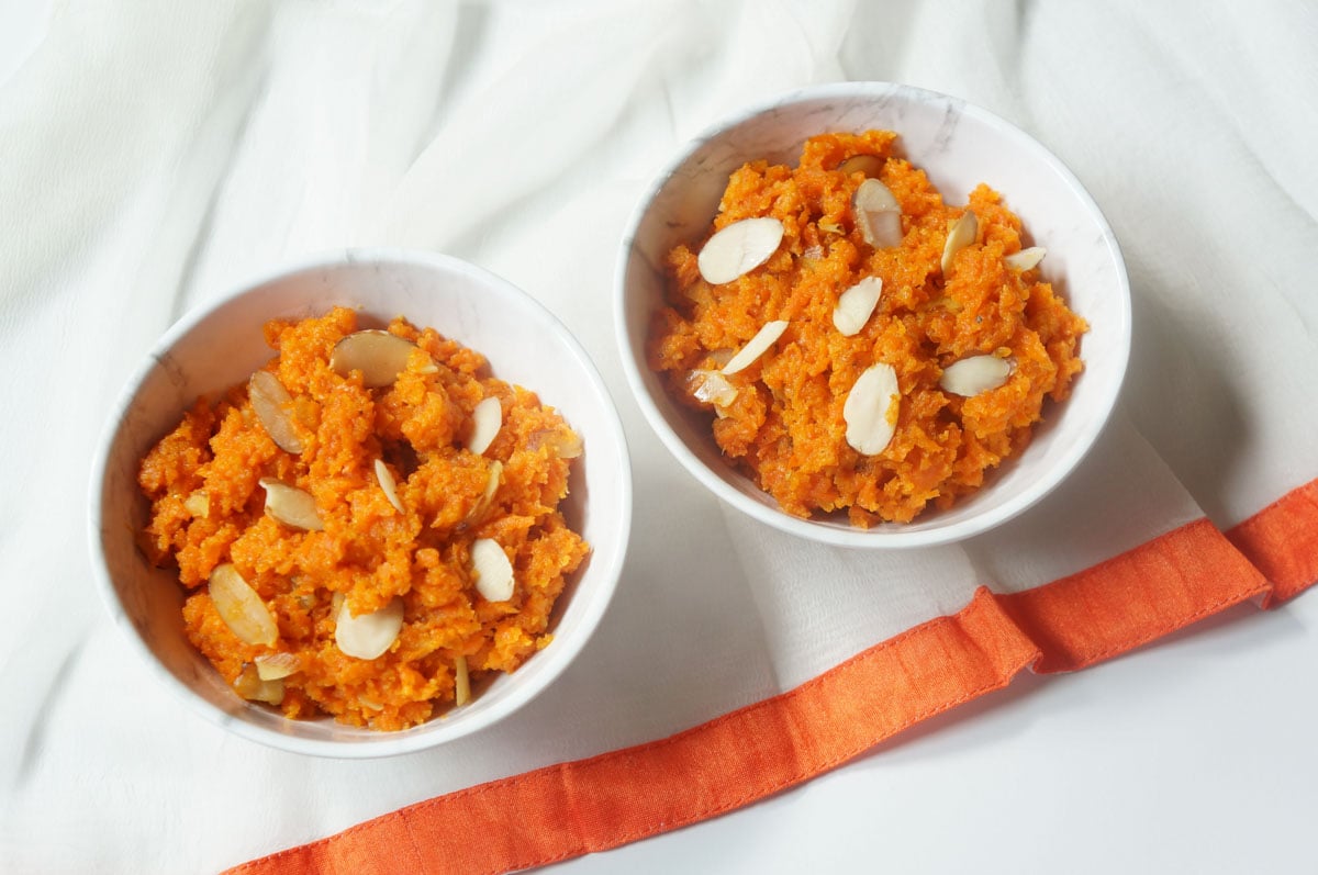 Instant Pot Carrot Halwa served in two white bowls