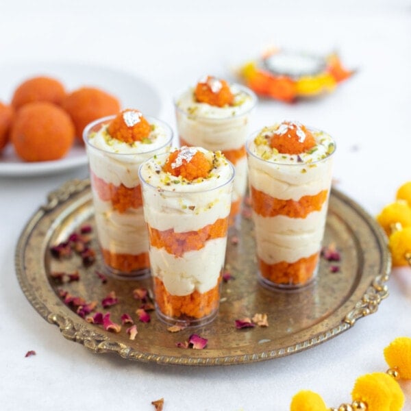 Motichoor Ladoo cheesecake parfait in a small cups