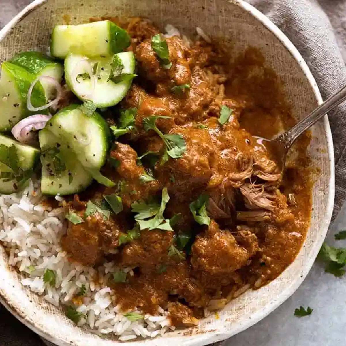 rogan josh in a bowl with rice