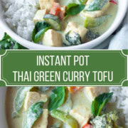 Thai green curry tofu and vegetables served with jasmine rice