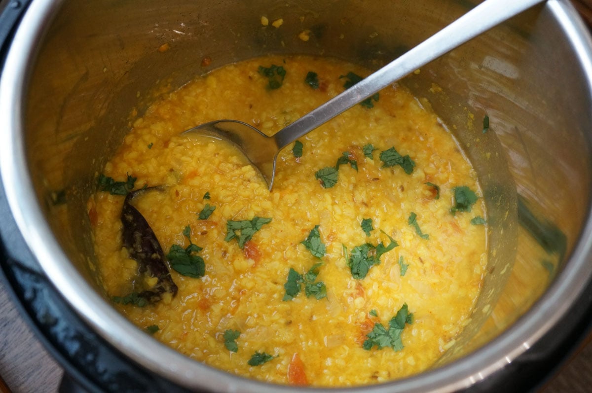 Cooked moong dal in instant pot garnished with cilantro