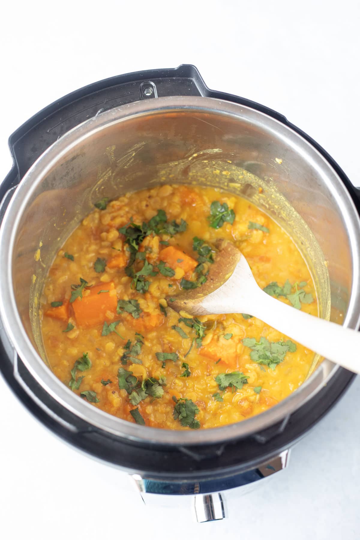 Pumpkin dal in Instant pot with laddle