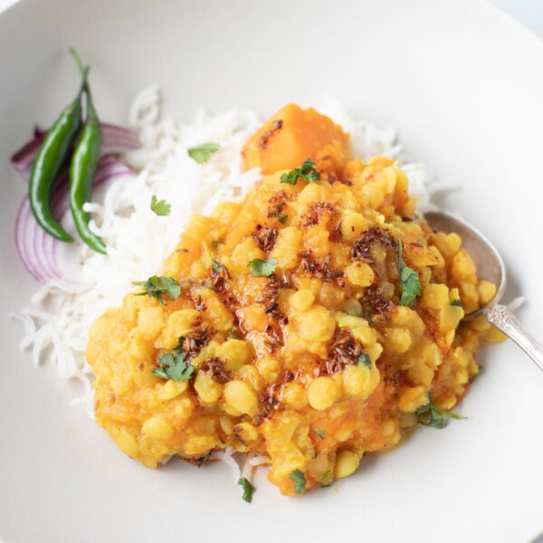 Pumpkin Squash Dal with rice in a plate