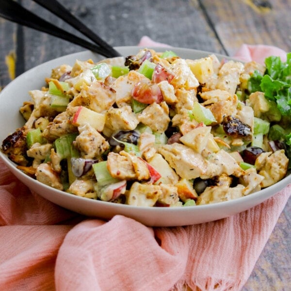 Gluten-free chicken salad with apples, grapes, celery, and walnuts.