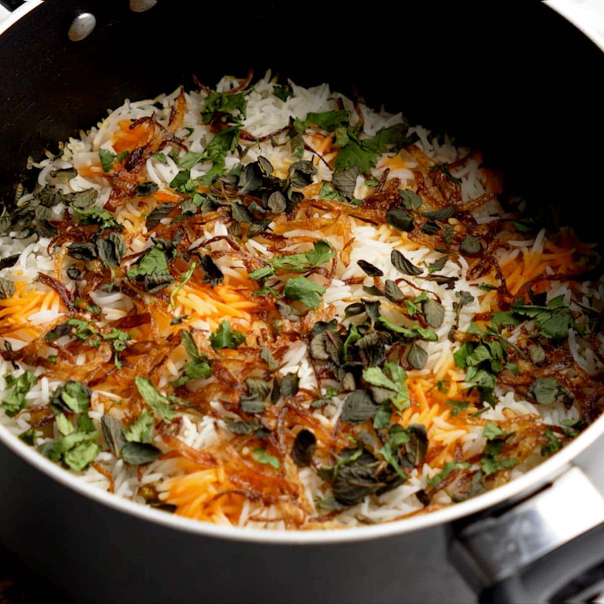 Cooked Chicken Biryani garnished with birista, cilantro, and mint leaves in a pot