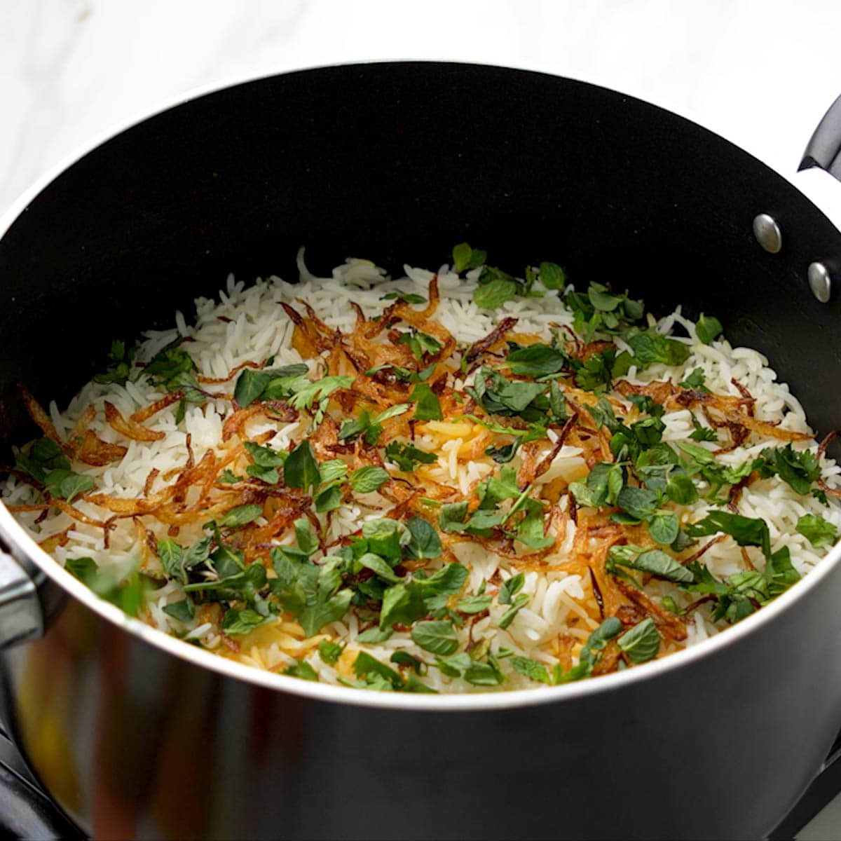biryani topped with onion, mint and cilantro leaves