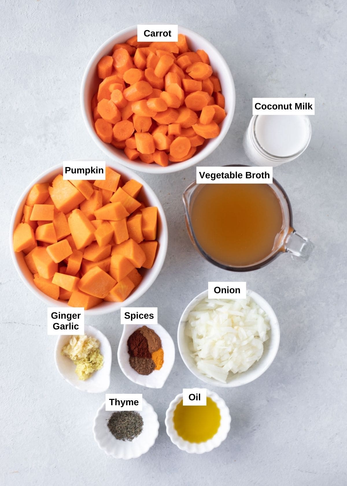 Ingredients to make pumpkin carrot soup