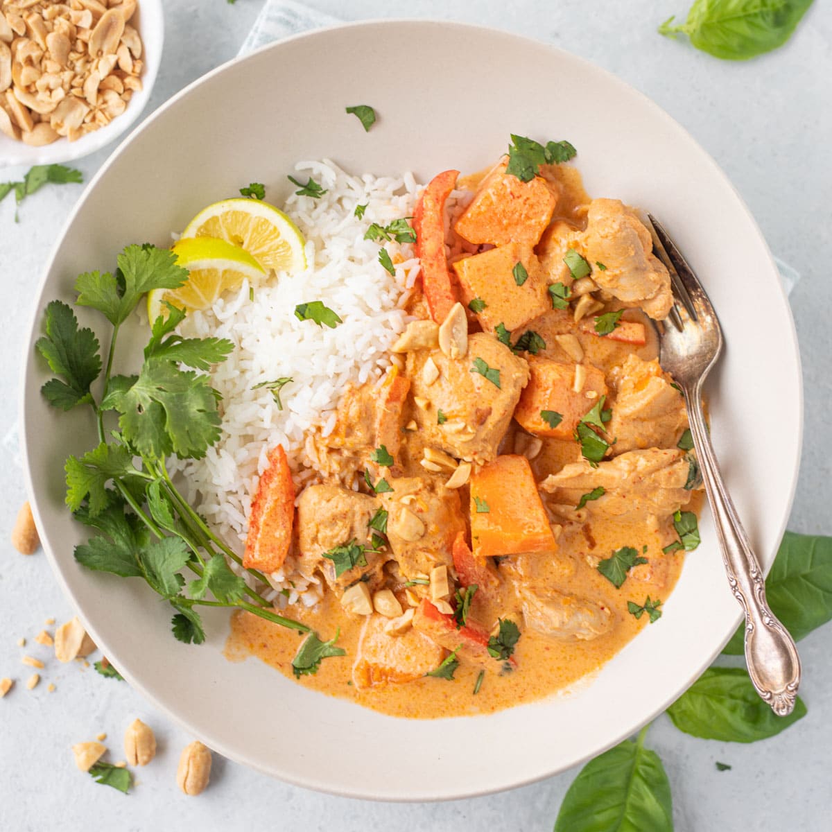 Pumpkin Chicken Curry in bowl with coconut milk, spices and cilantro leaves spread over