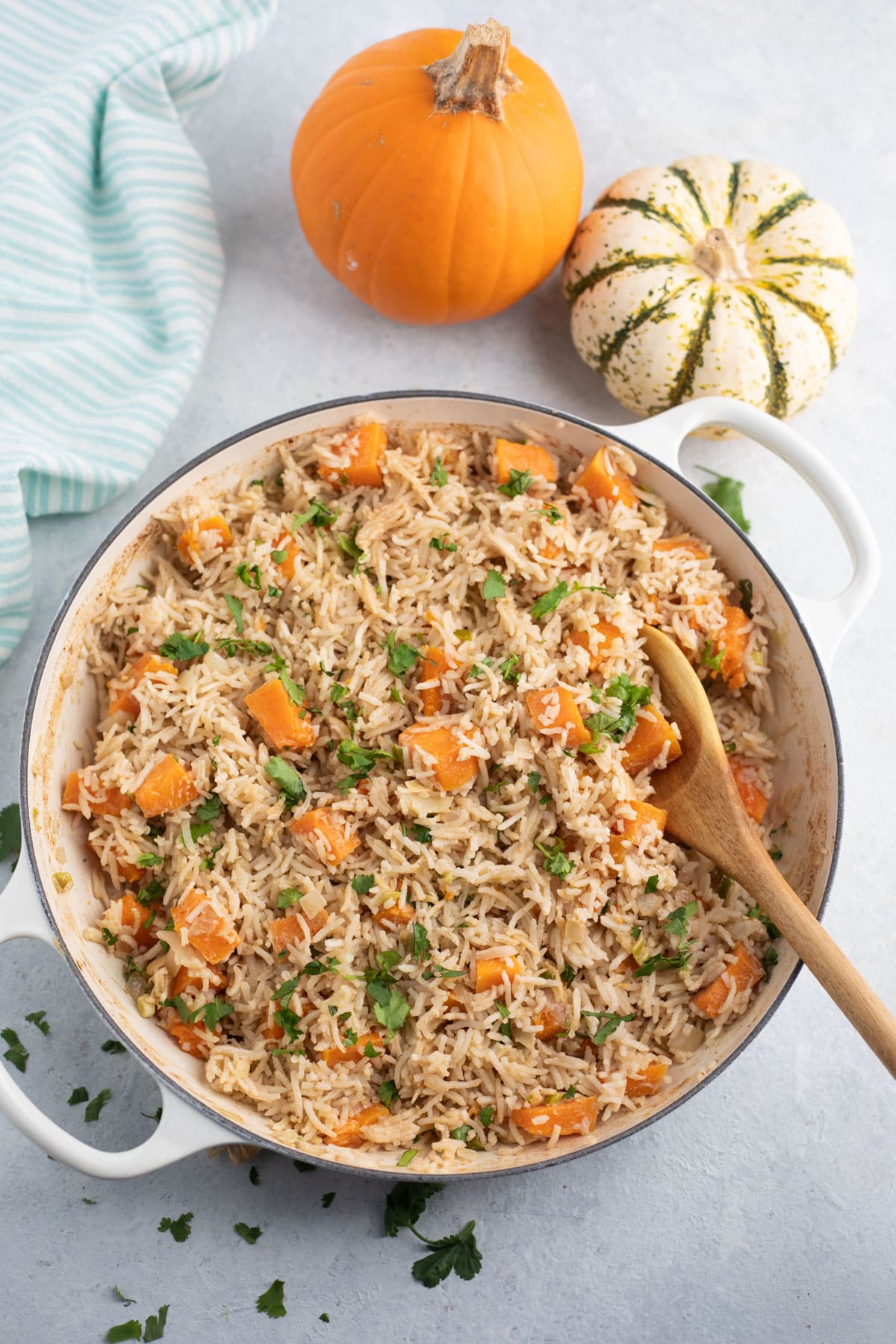 delicious pumpkin rice in a pan garnished with cilantro