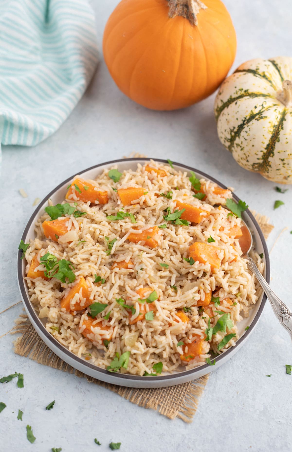 ready to serve pumpkin rice in a plate garnished with cilantro