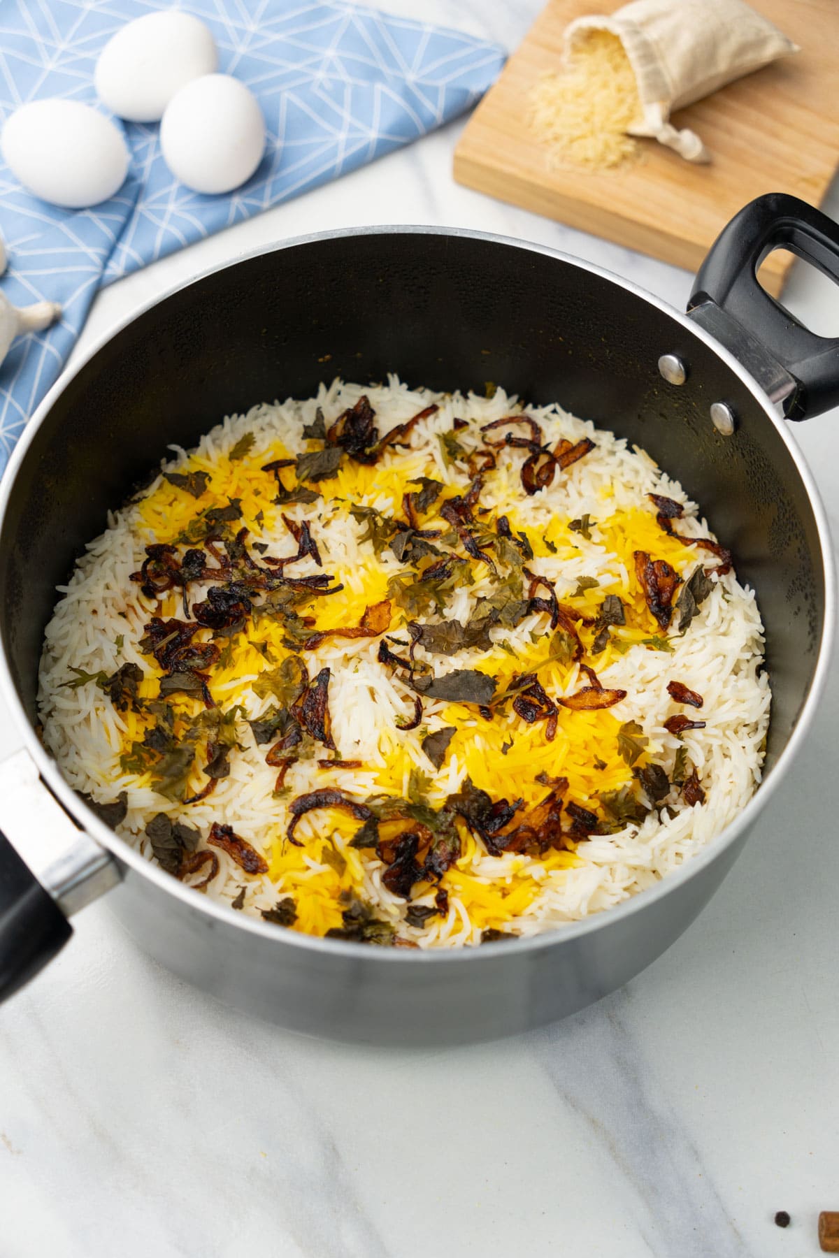 cooked egg biryani in a pot