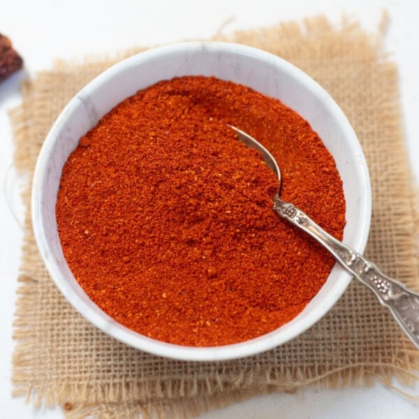 Homemade red chili powder in a bowl