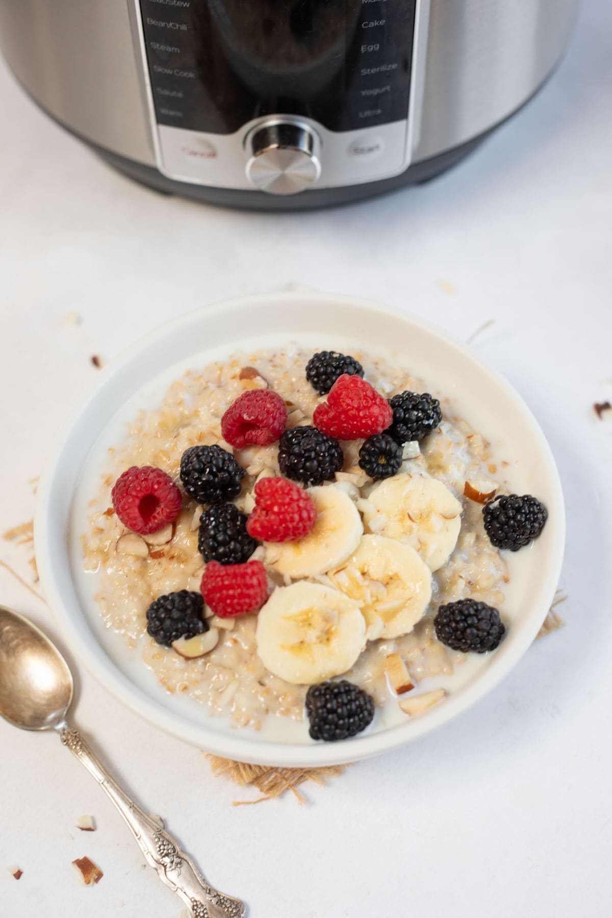 steel cut oats in a white bowl with fruit toppings