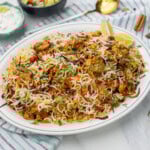Shrimp biryani in a white plate