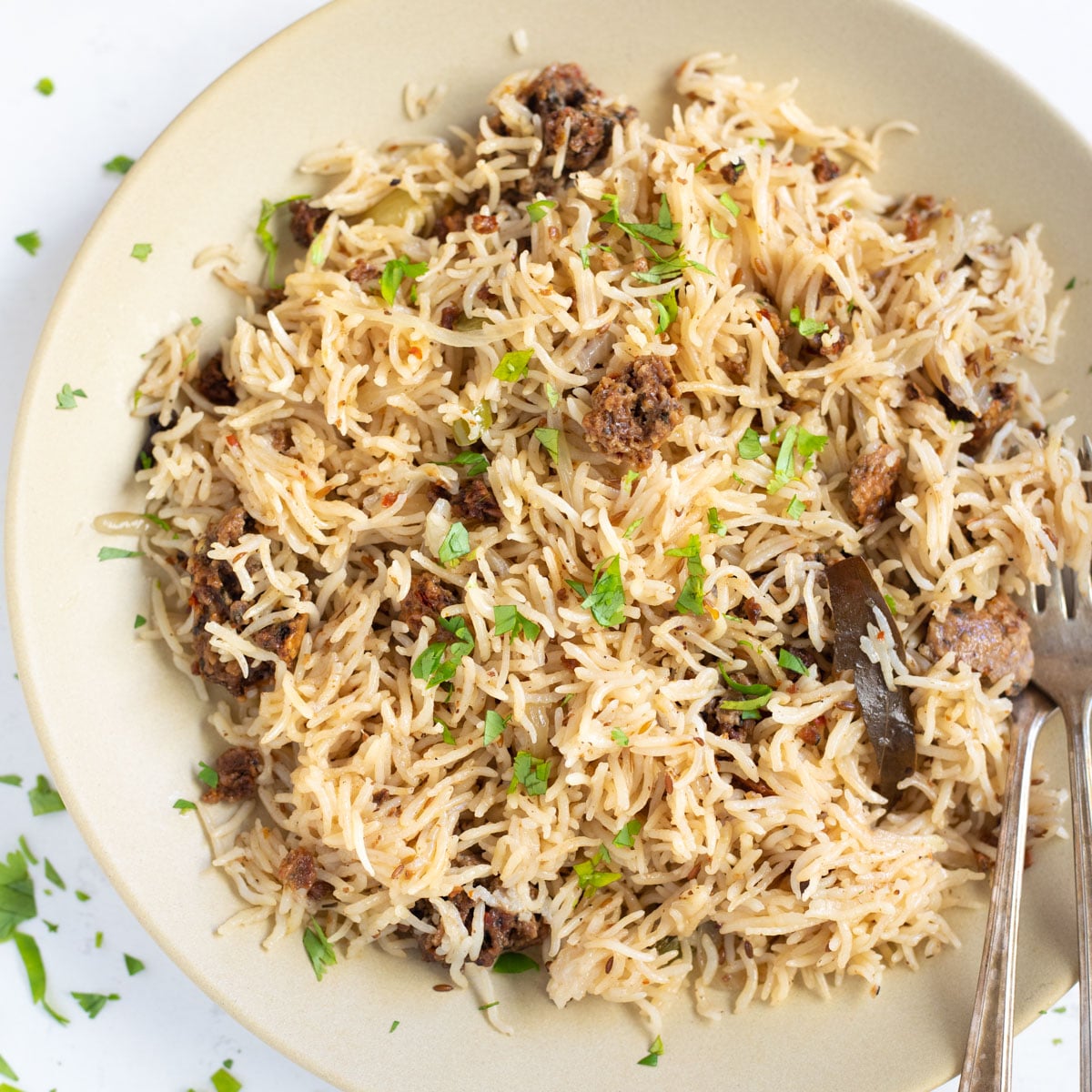 Punjabi wadi chawal in a plate garnished with cilantro.