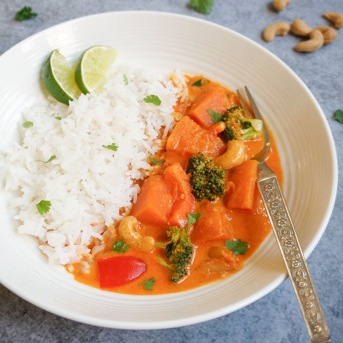 pumpkin red curry with rice in a plate