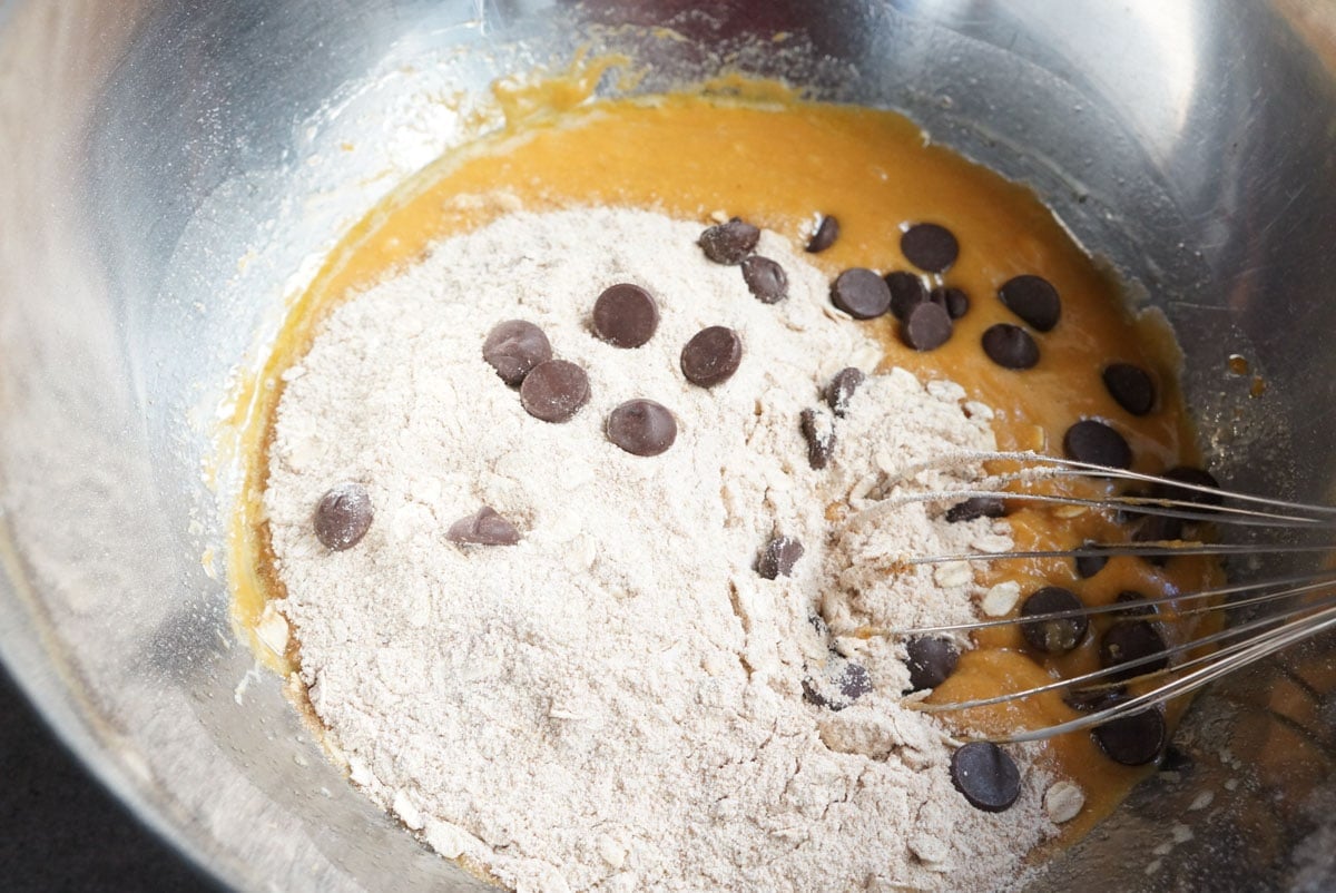 wet and dry ingredients in a bowl with chocolate chips