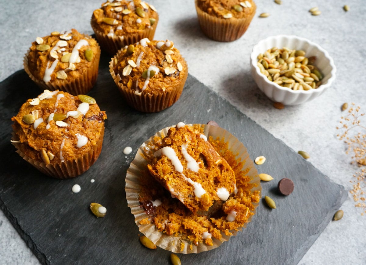 whole wheat pumpkin oatmeal muffins cut opened