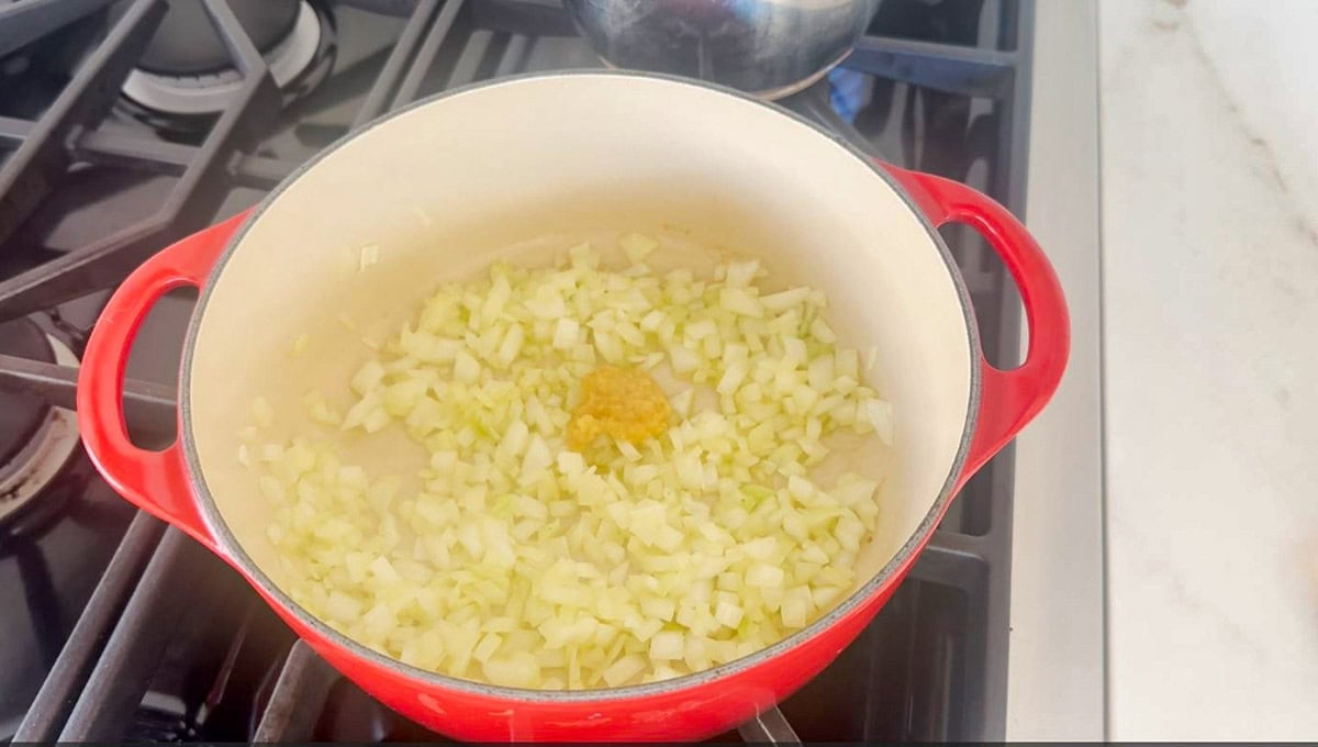 saute onion and garlic to make adzuki bean soup