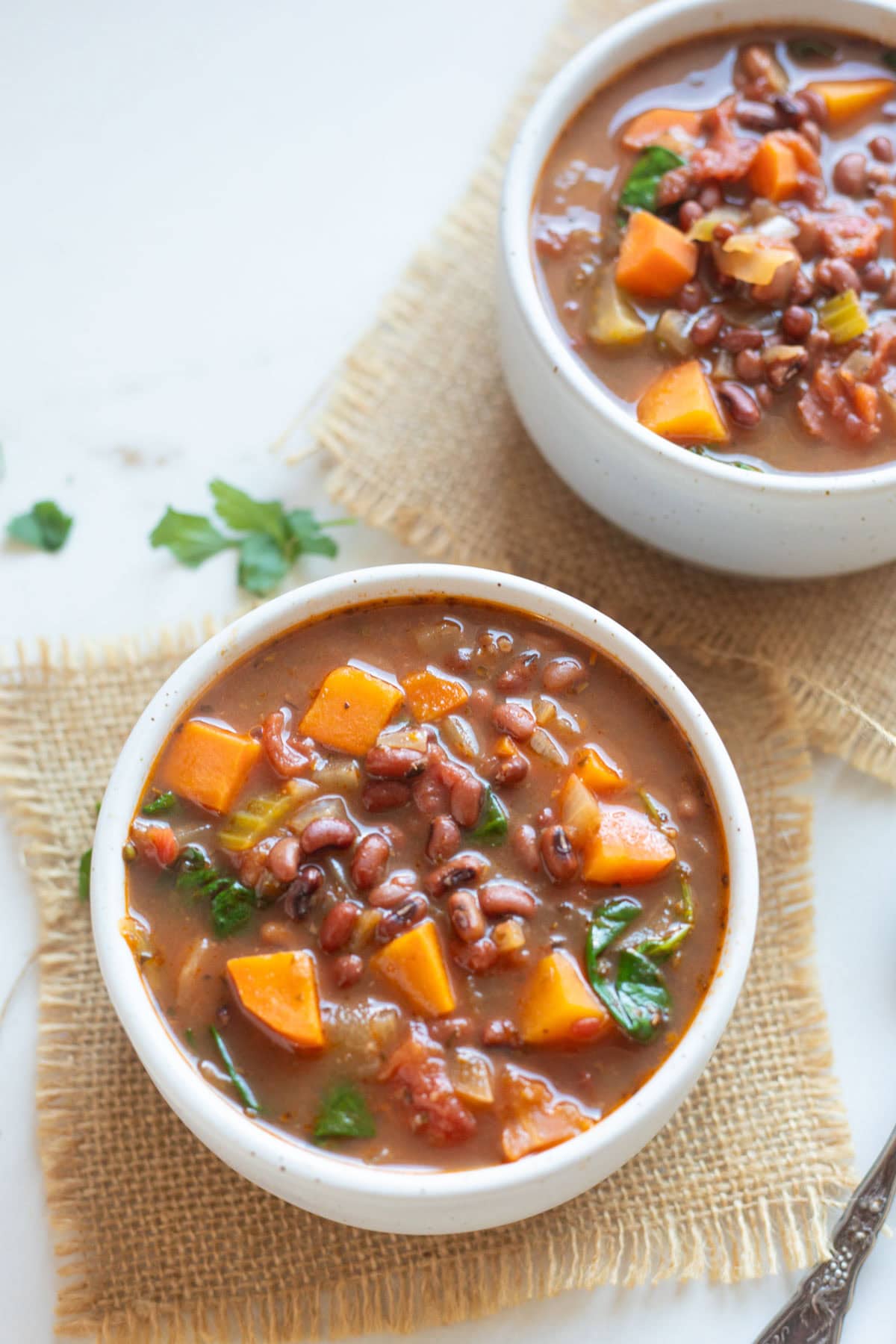 close up shot of adzuki bean soup on a white bowl