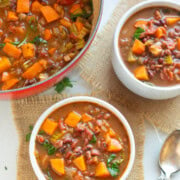 adzuki bean soup in a small white bowl and in a pot ready to serve