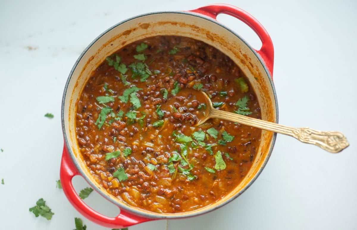 Adzuki bean curry in the pan, ready to serve