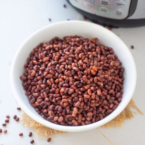 Close-up shot of cooked adzuki beans in a serving bowl