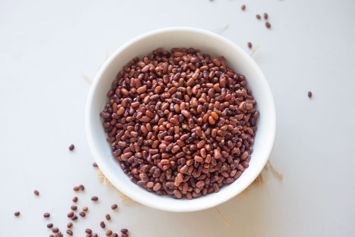 top view of adzuki beans in a white bowl