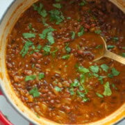 Adzuki bean curry, topped with cilantro, in a pot