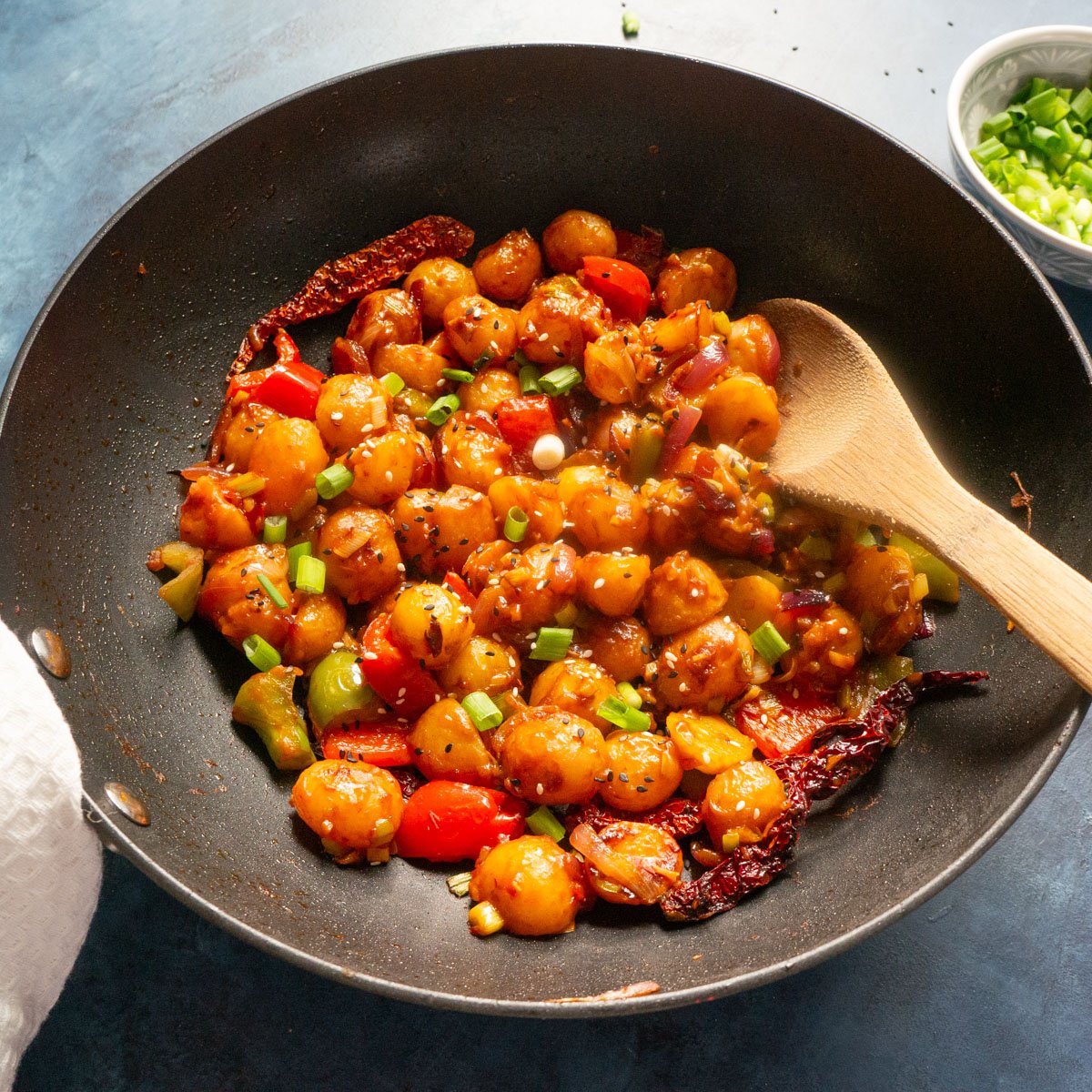 cooked garlic chili potatoes in a pan