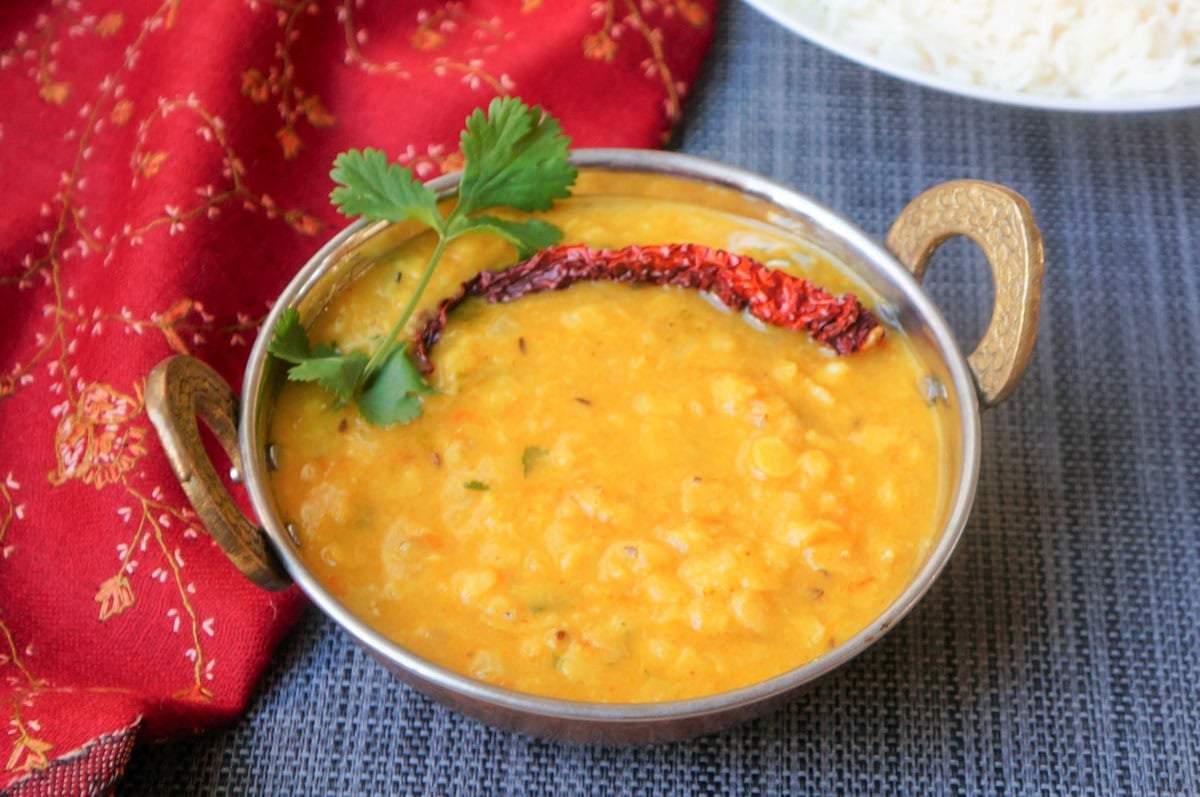 Dal fry in a small pot ready to serve