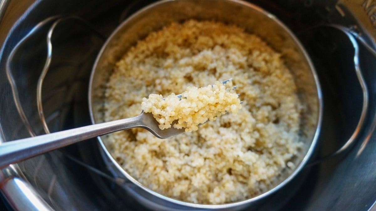 cooked quinoa on a fork over the instant pot