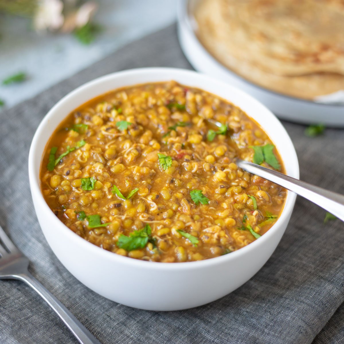 Moong Bean Sprouts Curry in a white bowl garnished with cilantro