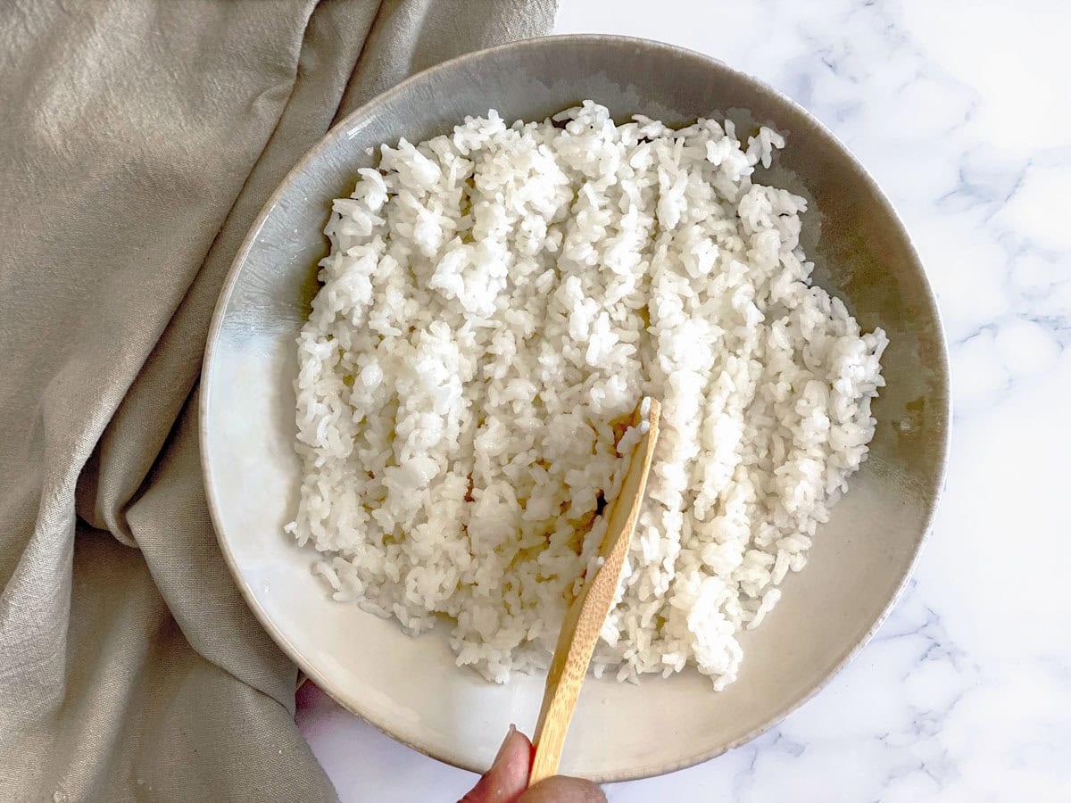 Sushi rice on a plate with a wooden ladle