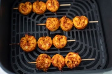 Air fried tandoori shrimp in skewers