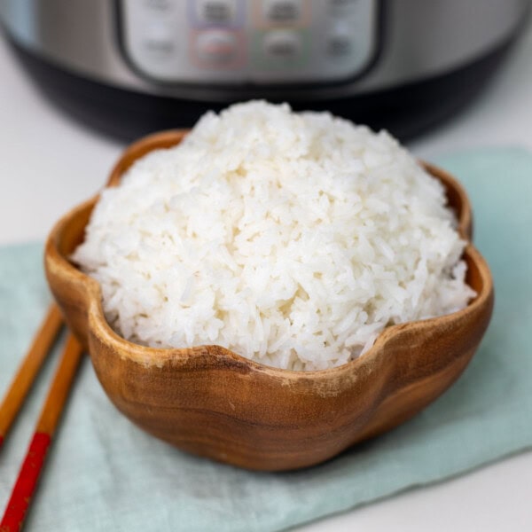 Instant pot Jasmine rice in a wooden bowl