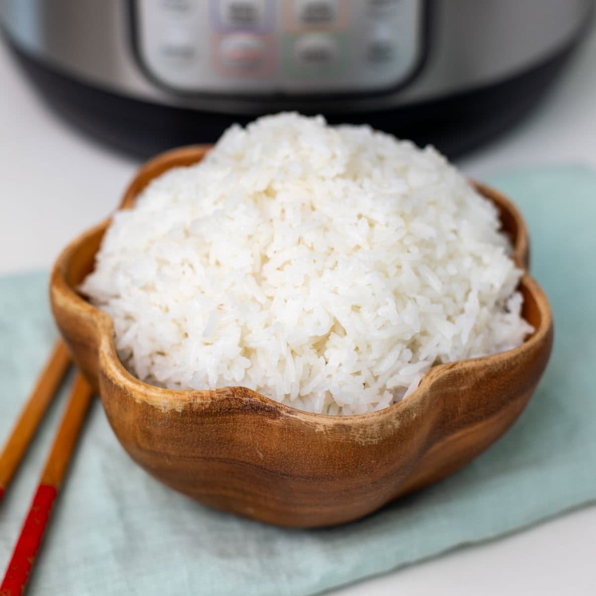 Instant pot Jasmine rice in a wooden bowl