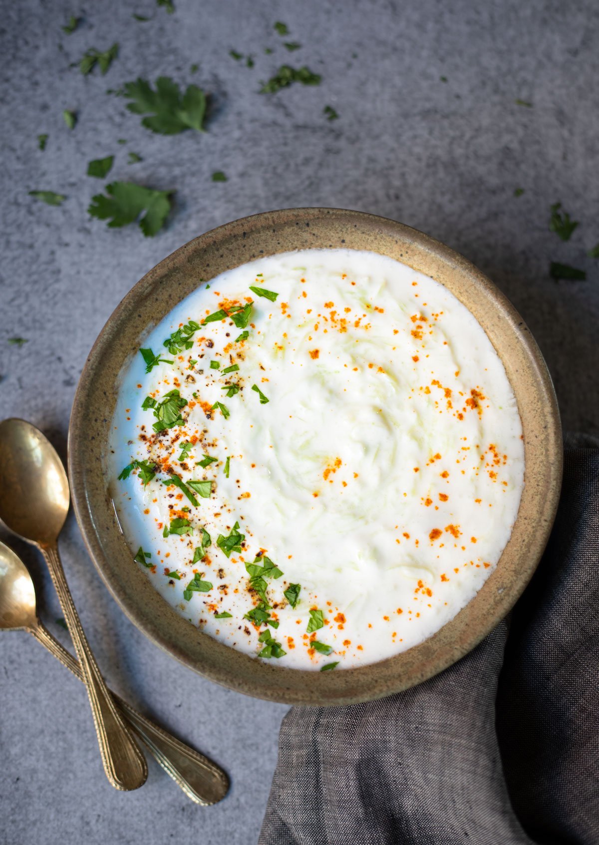 Yogurt with lauki (bottle gourd) garnished with cilantro and red chili powder
