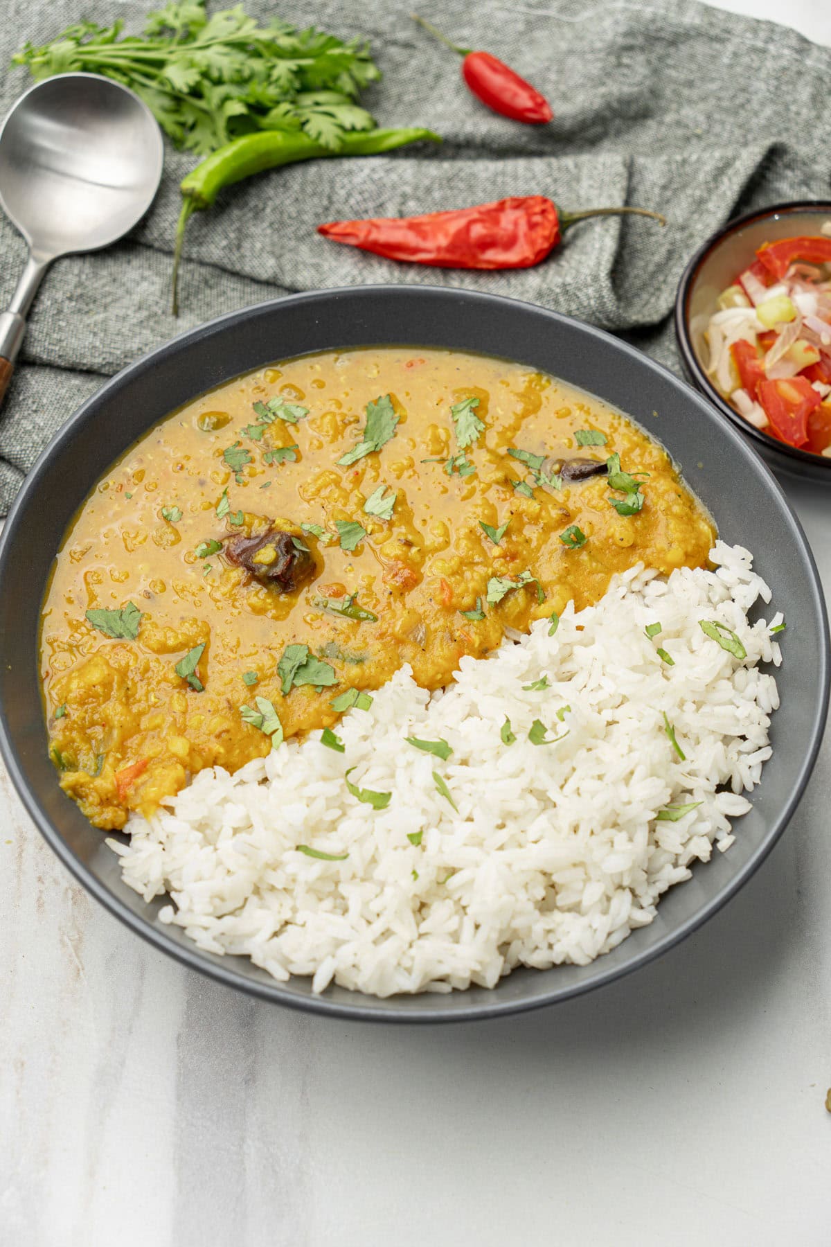 Ready to eat masoor dal with rice on a plate