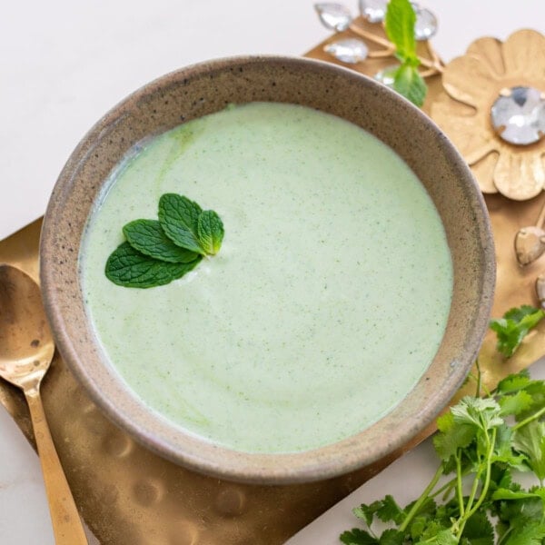 Homemade mint raita in a bowl