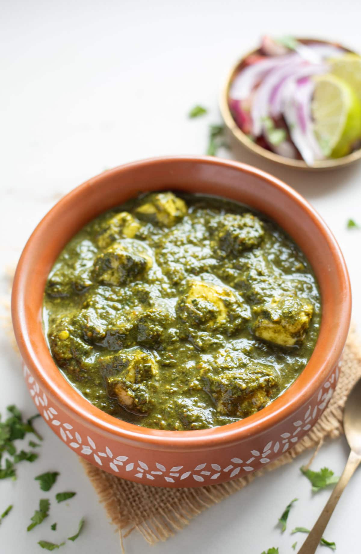 closeup shot of palak paneer in a bowl