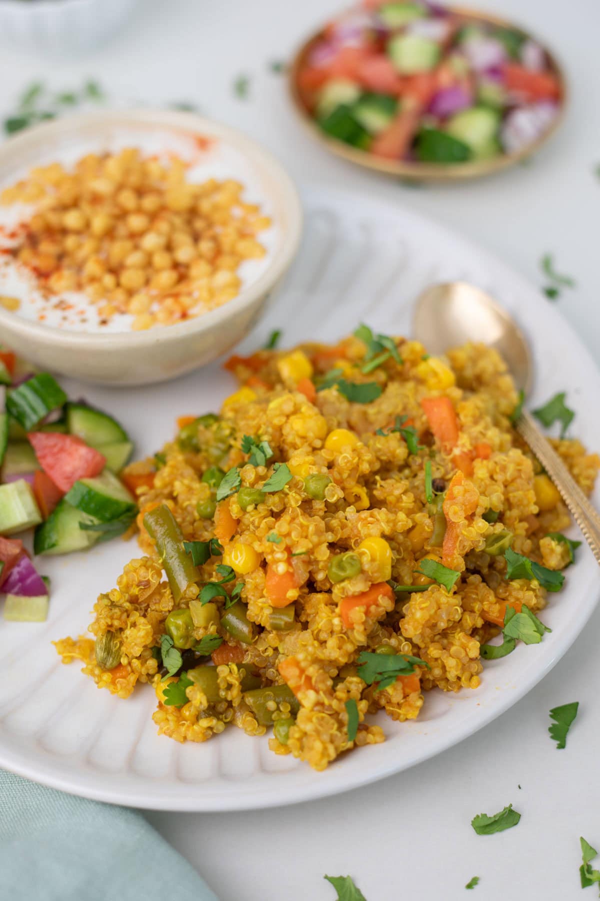 closeup shot of quinoa pulao on a white plate