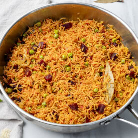 Beet pulao in a stainless steel pan